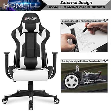Homall Gaming Chair, Office Chair High Back Computer Chair Leather Desk Chair Racing Executive Ergonomic Adjustable Swivel Task Chair with Headrest and Lumbar Support (White) - Image 5