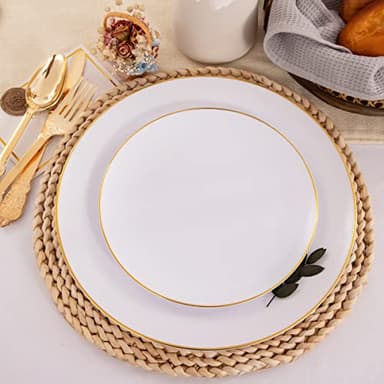 KIRE 100PCS Disposable Plates - White with Gold Rim for Thanksgiving Party/Wedding - Includes 50Pieces 10.25inch Dinner and 50Pieces 7.5inch Dessert/Salad Plates - Image 3