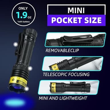 DARKBEAM 365nm UV Flashlight Black Light, Mini but Powerful Blacklight USB- C Rechargeable, Focusable Woods Lamp Water Resistant, Detector for Pet Urine, AC Leak Detection, Curing Resin - Image 3