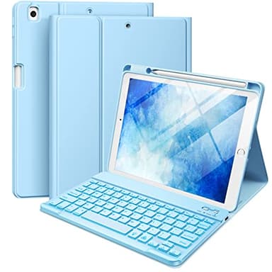 Hamile for iPad 9th/8th/7th Generation Case with Keyboard 10.2 Inch - 7 Colors Backlit Wireless Detachable Folio Keyboard Cover with Pencil Holder for iPad Pro 10.5" / iPad Air 3rd Gen (Sky Blue) - Image 1