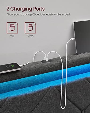 VASAGLE LED Bed Frame Full Size, Full Bed with Headboard and 4 Drawers, 1 USB Port and 1 Type C Port, Adjustable Upholstered Headboard 37.1/39.6 Inches, No Box Spring Needed, Dark Gray URMB822G71 - Image 4