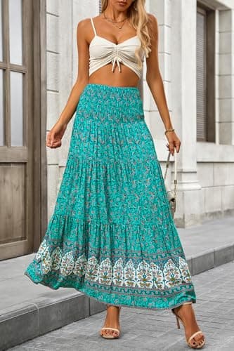 CFLONGE Summer Maxi Skirts for Women 2025 Fashion Boho Long Skirt Trendy Floral High Waist A Line Beach Skirt Vacation Outfit(Floral Green Yellow,Medium) - Image 8