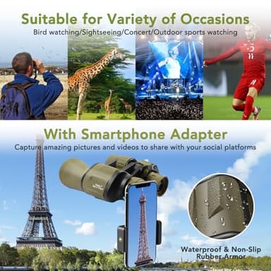 20x50 Binoculars for Adults High Powered, Military Compact HD Waterproof Binoculars with Low Light Vision for Bird Watching Travel Hunting Football Games Stargazing with Carrying Case and Strap(Mud) - Image 6