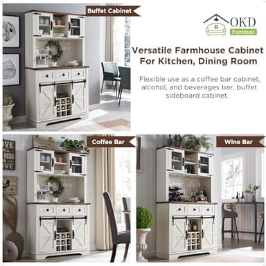 OKD 72" Farmhosue Bar Cabinet with Sliding Barn Door, Large Kitchen Buffet with Hutch w/Wine & Glasses Rack, 3 Drawers, 12 Storage Shelves, Rustic Coffee Bar Sideboard Table, Antique White - Image 8