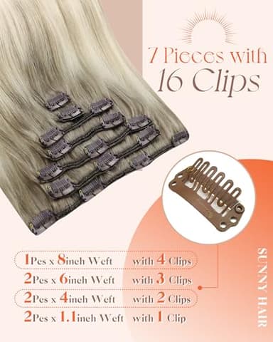 Sunny Hair Clip in Hair Extensions Straight Human Hair Clip in Extensions Remy Clip in Hair Extensions Real Human Hair Extensions Clip ins Full Head Ombre Ash Blonde Roots to Blonde Highlights 18inch - Image 3