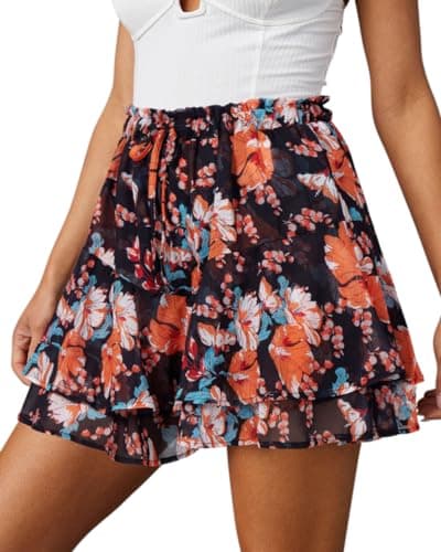 Aoudery Flowy Shorts for Women Casual Boho Floral Skorts Ruffle Mini Skirts Running Tennis Butterfly Chiffon Shorts- Black Orange Floral L - Image 1