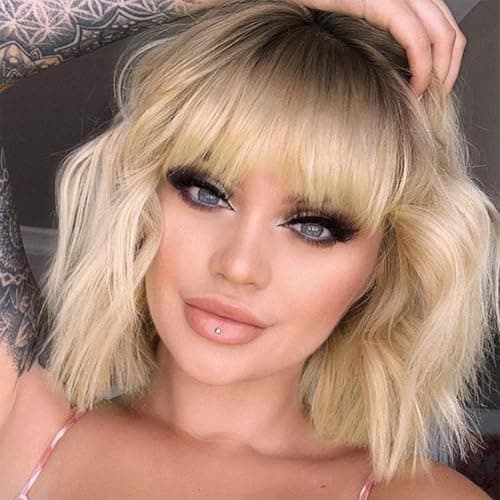MISSQUEEN Ombre Short Blonde Wigs with Bangs Synthetic Wavy Blond Bob Wig Curly Heat Resistant Blonde Hair Wig for Women Daily Party Halloween Use - Image 1