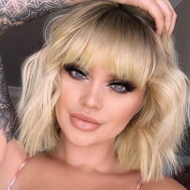 MISSQUEEN Ombre Short Blonde Wigs with Bangs Synthetic Wavy Blond Bob Wig Curly Heat Resistant Blonde Hair Wig for Women Daily Party Halloween Use - Image 1