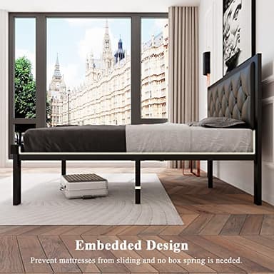 Feonase Full Size Metal Bed Frame with Faux Leather Button Tufted Headboard, Heavy-Duty Platform Bed Frame with 12" Storage, Steel Slats Support, No Box Spring Needed, Noise Free, Black - Image 6