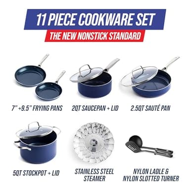 Blue Diamond 11 Piece Cookware Set, Diamond Infused PFAS & PFOA-Free Ceramic Nonstick Pots and Pans, Durable Nontoxic Metal Utensil Safe & Scratch Resistant, Dishwasher & Oven Safe, Blue - Image 3