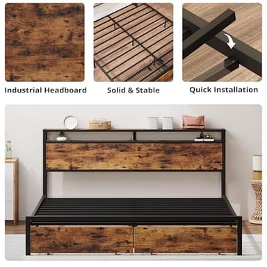 LIKIMIO California King Bed Frame with Storage Headboard, Platform Bed with Drawers and Charging Station, No Box Spring Needed, Easy Assembly, Vintage Brown - Image 6