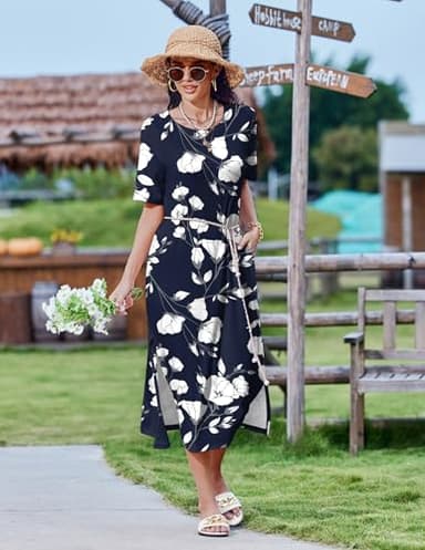 Zeagoo Shirt Dresses for Women 2025 Half Sleeve Sundresses O Neck Cover Up Navy Womens Flower Print Dress Long Maxi Dresses Casual Summer A Line Tshirt Slit Vacation Dress with Pockets Navy Floral XL - Image 6