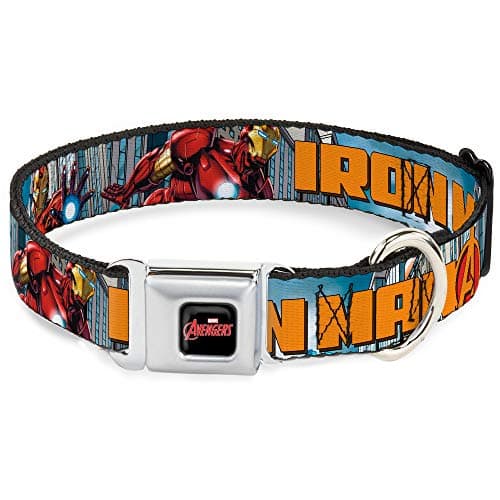 Buckle-Down Seatbelt Buckle Dog Collar - IRON MAN w/Avengers Logo Cityscape - 1" Wide - Fits 15-26" Neck - Large - Image 1