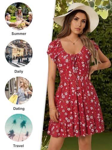 HUHOT Teen Summer Petite Mini Dresses for Women 5 Ft Church Spring Dress 2025 Short Sleelve Casual Sun Sundress with Pockets Red Floral Scoop Neck Milkmaid Cute Country Concert - Image 3