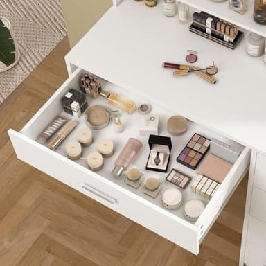 Quimoo Makeup Vanity Desk with Mirror & Lights, Vanity Desk with 5 Drawers & Storage Shelves, Vanity Table, 3 Color Modes & Adjustable Brightness Dressing Table, Bedroom, White - Image 4