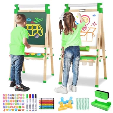 JOYOOSS Easel for Kids - Adjustable Wooden Art Easel with Paper Roll,Magnetic Double Sided Dry Erase Board,Outdoor Easel for Toddlers,Green - Image 1