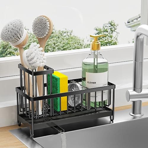 Cisily Black Sponge Holder for Kitchen Sink, Sink Caddy Organizer with High Brush Holder, Kitchen Countertop Organizers and Storage Essentials, Rustproof 304 Stainless Steel, Soap Dispenser Organize - Image 1