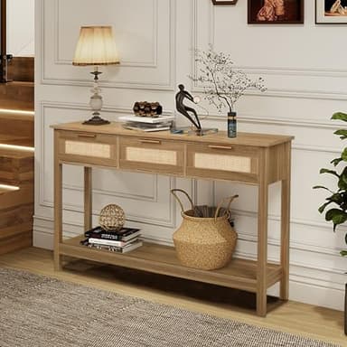 LAZZO Rattan Console Table Boho Entryway Table Narrow Long Sofa Table Hallway Foyer Table Behind Couch Table with 3 Drawers and Open Storage Shelf for Living Room and Corridor Brown - Image 8