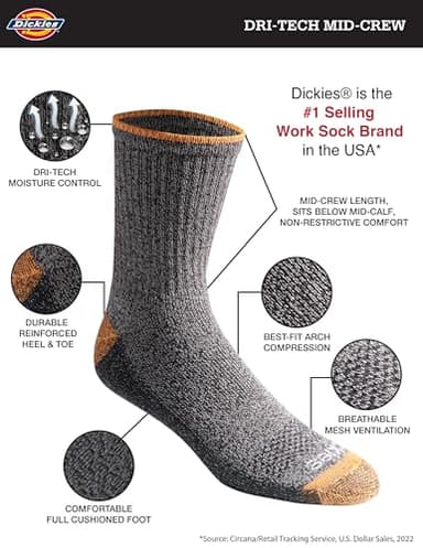 Dickies Men's Dri-Tech Mid-Crew Comfort Length Moisture Control Socks, Available in M-XL (6, 12 Pairs), Comfort Length Tipped (6 Pairs), Large - Image 2