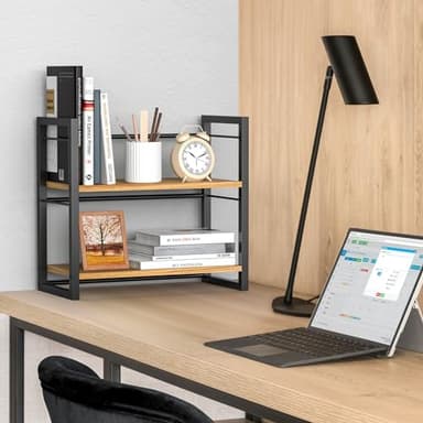ART-GIFTREE Office Desk Shelf Organizer, Wood Desktop Bookshelf Supplies Storage Rack, Shelf for Top of Desk and Dresser (Black-2 Tier) - Image 5