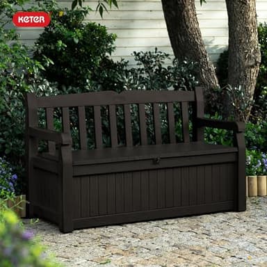 Keter Solana 70 Gallon Storage Bench Deck Box for Patio Furniture, Front Porch Decor and Outdoor Seating – Perfect to Store Garden Tools, Brown/Brown - Image 2