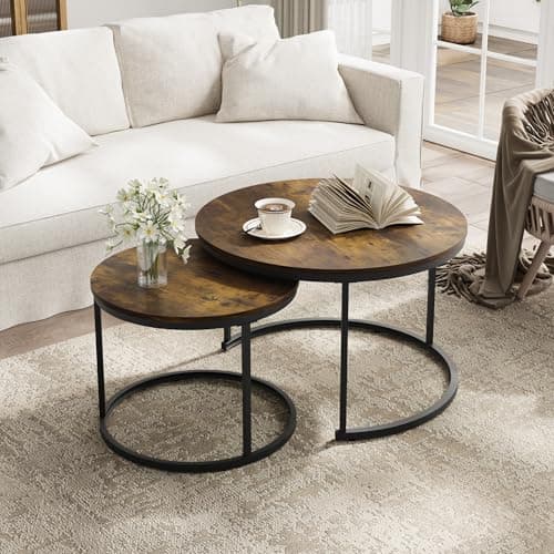 Smuxee Rustic Nesting Coffee Table Set of 2, 27.6" Round Coffee Table Wooden Marble Pattern with Adjustable Non-Slip Feet, Industrial End Table for Living Room Bedroom Balcony - Image 1