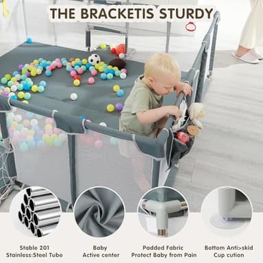 XNWQL Baby Playpen, 79"x71" Indoor ＆ Outdoor Playpen with Breathable Play Pen with Ocean Balls Hanging Pocket Basketball Hoop and Football Goal - Image 5