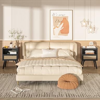 Lerliuo Rattan Nightstands Set of 2, Bedside Table with Drawer Open Shelf, Cane Accent Side End Table with Solid Wood Legs, Black Mid Century Night Stand for Bedroom, Dorm and Small Spaces - Image 2