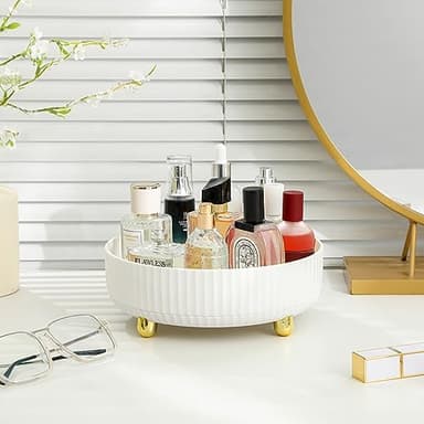 Anyoifax Makeup Perfume Organizer Tray 360 Degree Rotating Lazy Susan Skincare Lotion Organizer Spinning Cosmetics Storage for Dresser, Vanity, Bathroom Countertop, Small Ivory White - Image 2