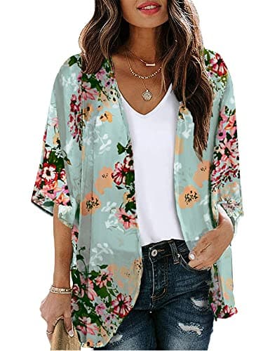Chunoy Women Casual Plus Size Floral Print Short Sleeve Cardigan Loose Beach Wear Kimono Cover Up Blouse Tops 4X-Large Green - Image 1