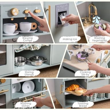 ROBUD Play Kitchen Set, Wooden Play Kitchen with Ice Maker, Fridge, Coffee Machine, Oven, Dishwasher, Microwave, Kitchen Accessories, Toy Kitchen Gift for Boys Girls, 3+ - Image 8