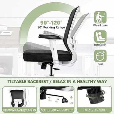 Winrise Office Chair, Ergonomic Home Office Desk Chairs, Breathable Mesh Mid-Back Comfortable Work Chair Adjustable 2D Armrests, Rocking Executive Chair, Swivel Task Chair with Lumbar Support (White) - Image 6