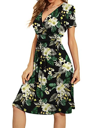 WEACZZY Women Summer Casual Short Sleeve Dresses V-Neck Floral Sundress with Pockets,Floral Green Leaf,S - Image 2