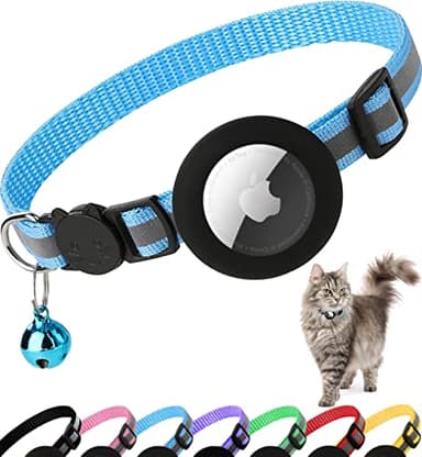 Dgerp Airtag Cat Collar Breakaway, Reflective Kitten Collar with Apple Air Tag Holder and Bell for Girl Boy Cats, 0.4 Inches in Width and Lightweight (Blue) - Image 1