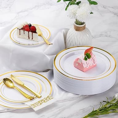 Goodluck 700 Piece Gold Dinnerware Set for 100 Guests, Disposable for Party, Include: 100 Gold Rim Dinner Plates, 100 Dessert Plates, 100 Paper Napkins, 100 Cups, 100 Plastic Silverware Set - Image 5