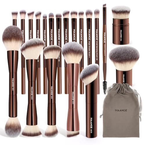 MAANGE 20 PCS Foundation Makeup Brush Set, Double-ended Kabuki Contour Brush for Liquid Powder Concealer Blending Blush Face Makeup Tools (Coffee) - Image 1