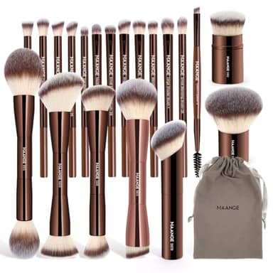 MAANGE 20 PCS Foundation Makeup Brush Set, Double-ended Kabuki Contour Brush for Liquid Powder Concealer Blending Blush Face Makeup Tools (Coffee) - Image 1