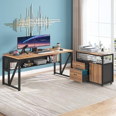 Tribesigns 63" L Shaped Desk with Drawer Cabinet, Executive Computer Desk and lateral File Cabinet, 2 Piece Home Office Furniture with Drawers for Hanging File, Doors with Locks (Brown, 63 inches) - Image 8