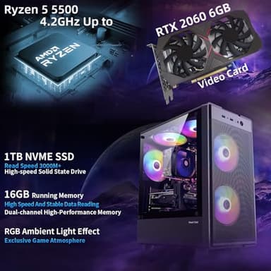 Kroteaup Gaming PC Computer Desktop,AMD Ryzen 5 5500 up to 4.2GHz, Radeon RTX 2060 6G, 16G DDR4, 1TB SSD, WiFi 6, RGB Fan x5, Tower Computers Windows 11 Home - Image 2