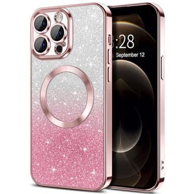 Hython for iPhone 12 Pro Max Case Clear Magnetic Glitter Phone Cases [Compatible with MagSafe] Full Camera Lens Protector Slim Gradient Sparkle Luxury Plating Shockproof Protective Cover Women, Pink - Image 1