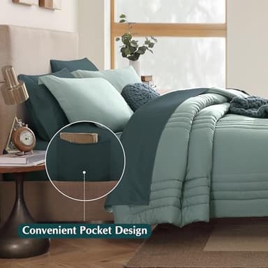Monbix Queen Comforter Set - 7 Pieces Sage Green Bed in a Bag Queen Bedding Sets with Comforters, All Seasons Comforter Bed Set with Sheets,Pillowcases & Shams - Image 3