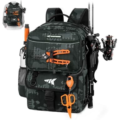 KastKing BaitSpace 50L Fishing Tackle Backpack with Removable Bait Binder,2 Rod Holders Storage Fishing Gear and Equipment,Black Camo - Image 1