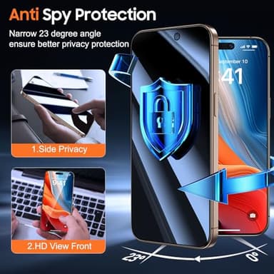 UniqueMe for iPhone 16 Pro Max Privacy Screen Protector, [Military Grade Shatterproof & 9H+ Hardness] Privacy Screen 16 Pro Max Tempered Glass Full Coverage Protection, 2 Packs - Image 2