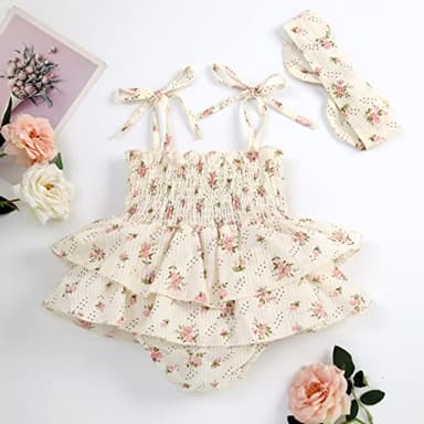 Baby Girls Daisy Playsuits Bodysuit+Headband Print Halter Romper Floral Jumpsuit Infant Summer Clothes (Y-Beige, 0-3 Months) - Image 4