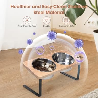 Siooko Elevated Cat Bowls, 15° Tilted Raised Cat Food Bowls Wood Pet Bowls with Stand Anti Vomiting 2 Stainless Steel Bowls for Cats and Puppy - Image 3