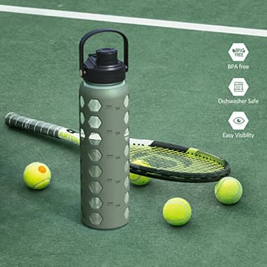 MUKOKO 32oz Glass Water Bottles with 2 Lids-Handle Spout Lid&Bamboo Straw Lid, Motivational Water Tumbler with Time Marker Reminder and Silicone Sleeve, Leakproof-Olive-1 Pack - Image 7