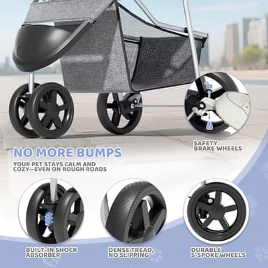 Magshion 3-Wheel Pet Stroller, Foldable Travel Jogger for Small & Medium Dogs & Cats (Up to 33lbs), Lightweight Carrier with Breathable Mesh Cover, Cup Holder & Storage Basket, Gray - Image 8