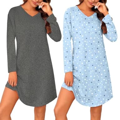 Marvmys Long Sleeve Night Shirt for Women Nightgown V Neck Long Sleeve Nightshirt Night Shirt Dark Gray & Stars M - Image 1