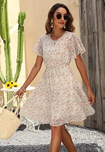 Manydress Women's Chiffon Floral Casual Summer Boho Flutter Sleeve Flowy Skater Western Dress MY112 (Beige Print, M) - Image 6