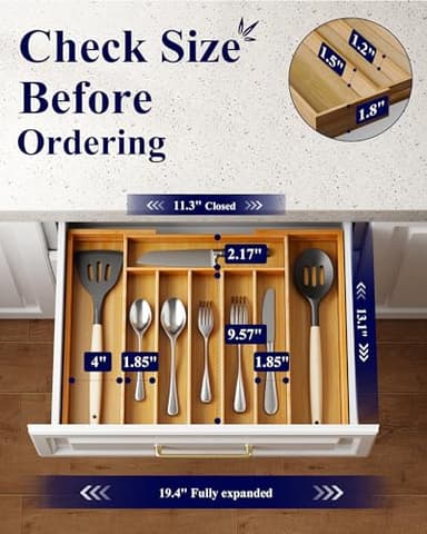 Kitsure Large Bamboo Silverware Organizer - Expandable Drawer Organizer for Utensil, Cutlery and Flatware, Kitchen Storage Solution with 6 to 8 Slots, Natural, 19.4" × 13.1" × 1.8" - Image 4